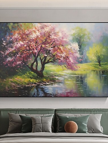  handmåla duk oljemålning körsbärsblommor väggkonst landskap blomma träd rustik duk extra stor dekor present utan ram