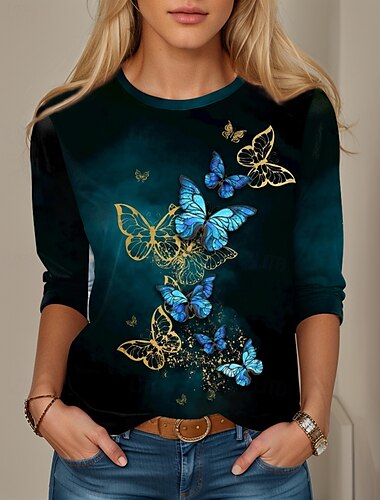  Tunique T-shirt Femme Mode Décontracté Imprimé Manches Longues Hauts Réguliers Col Ronds Quotidien Noir Printemps Automne