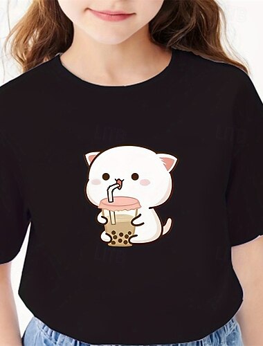  100% Algodão Infantil Para Meninas Preto Desenho Animado Gato Camisa Camiseta Gola Redonda Manga Curta Ao ar livre Diário Férias Clássico Casual Imprimir Verão