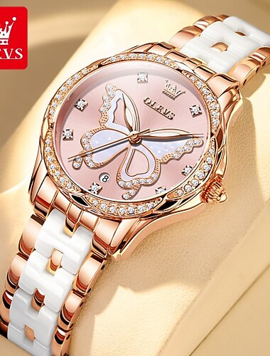  OLEVS 5610 Prezent na Dzień Matki dla Zegarków Kobiecych Elegancki Modny Zegarek z Rhinestone Ceramiczny Pasek Zegarek Wodoodporny Luminoforowy Zegar Automatyczny
