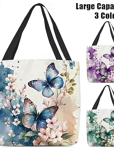  dames vlinderprint canvas tote bag met bloemenmotief, milieuvriendelijke herbruikbare shopper voor dagelijks gebruik