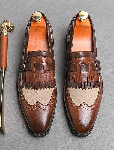  Retro loafers van imitatieleer voor heren - klassiek brogue-ontwerp met gesp en franjedetail, veelzijdige en stijlvolle schoenen