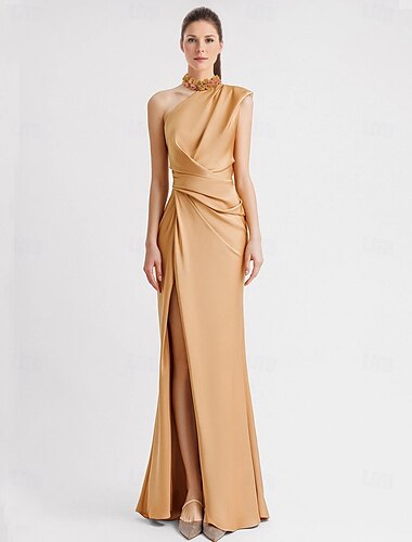  Etui-Abendkleid, elegantes Kleid, formell, bodenlang, ärmellos, eine Schulter, Tasche, Satin mit Applikationen, beeindruckendes Kleid 2025