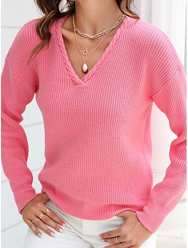  Mulheres Suéter à moda Côr Sólida Crochê Decote V Entrançado Manga Longa Tops regulares Tricotar Trabalho Preto Rosa Primavera Outono
