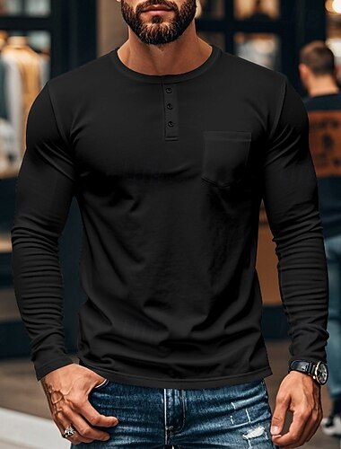  Per uomo Maglietta con bottoni Maglietta Maglia Henley Camicia a Maniche Lunghe Manica Lunga Henley Primavera & Autunno Semplice Moda Designer Essenziale Tasca Vacanza Streetwear Uscire Nero Bianco