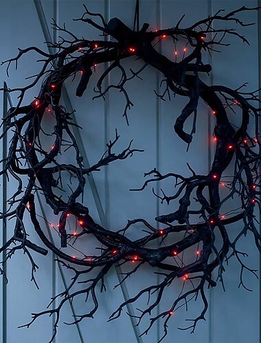  guirlande de branches noires d'Halloween avec lumière LED rouge pour la décoration de la porte d'entrée, guirlande brillante à paillettes pour décoration extérieure d'Halloween