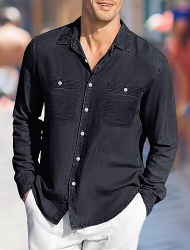  Herren Hemd Chambray-Hemd Calico-Hemd Knopfhemd Lässiges Hemd Jeanshemd Schwarz Dunkelmarine Blau Himmelblau Langarm Glatt Kragen Täglich Urlaub Bekleidung Baumwolle Modisch Brautkleider schlicht