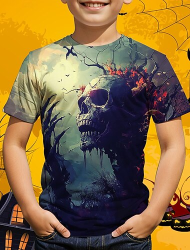  ハロウィーン 男の子 3D グラフィック スカル Tシャツ Ｔシャツ 半袖 夏 春 ファッション ベーシック ポリエステル 子供 4〜12年 クルーネック アウトドア カジュアル 日常 レギュラー