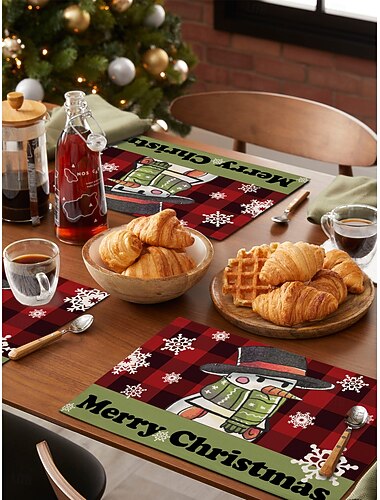  Juego de 4 manteles individuales navideños de algodón y lino para mesa de Navidad de temporada de invierno con muñeco de nieve &Diseño de reno para decoración de interiores y exteriores, para fiestas,