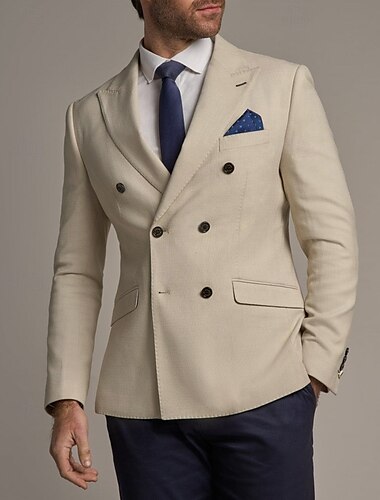  Veste de blazer beige pour hommes mode quotidienne professionnelle préppy en couleur unie à double boutonnage ajustement régulier polyester