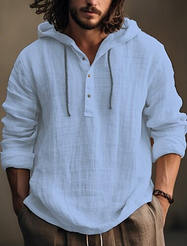  Herren Hemd leinenhemd Calico-Hemd Kapuzenshirt Glatt Casual Täglich Weiß Blau Braun Grün Langarm Mit Kapuze Frühling Sommer Bekleidung