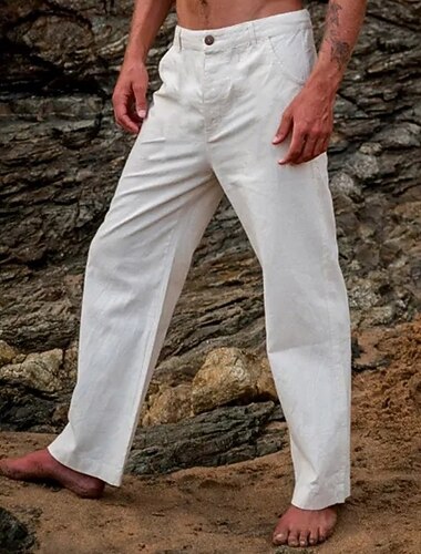  رجالي سروال الكتان بنطلونات بدلة السراويل الصيفية جيب سهل راحة متنفس فضفاض مناسب للبس اليومي مناسب للعطلات موضة الطراز الكلاسيكي أبيض رمادي خفيف