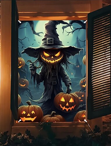  halloween ablakburkolat dekorációk, szövet madárijesztő halloween függöny horror film poszter ablak ajtó borítás kísértetház dekoráció, ijesztő halloween ablak ragaszkodik matricák beltéri kültéri