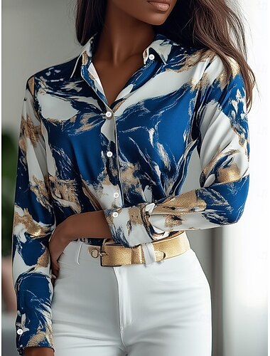  dames overhemd elegant stijlvol zakelijk print lange mouw normaal topjes overhemd kraag werk blauw zomer herfst winter