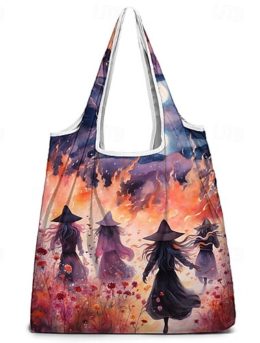  Bunte Einkaufstasche mit Hexen-Design für Damen – perfekt für Halloween-Einkäufe und den täglichen Gebrauch