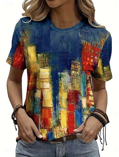 Damen T-Shirt Casual Print Kurzarm Normal Oberteile Alltag Marineblau Sommer