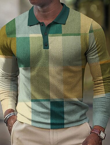 Herren Karomuster Golfshirt Langarm Polo-Shirts Hemden mit Kragen Vintage Lässig Urlaubskleidung Formelle Kleidung Festivalkleidung Knöpfe 3D-Druck Frühling Herbst Winter Blau Orange Grün