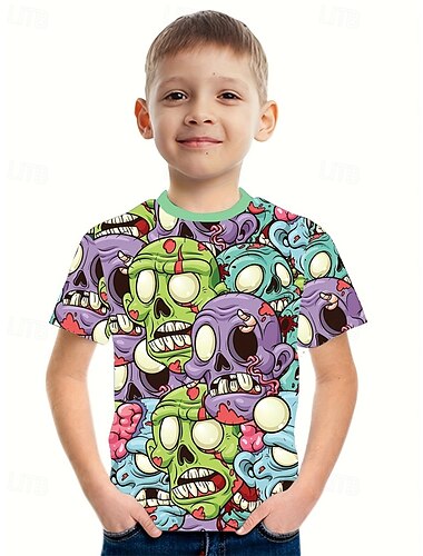  Pojkar 3D Grafisk Dödskalle T-shirt Kortärmad Sommar Vår Mode Grundläggande Barn 4-12 år Rund hals Utomhus Ledigt Dagligen Normal
