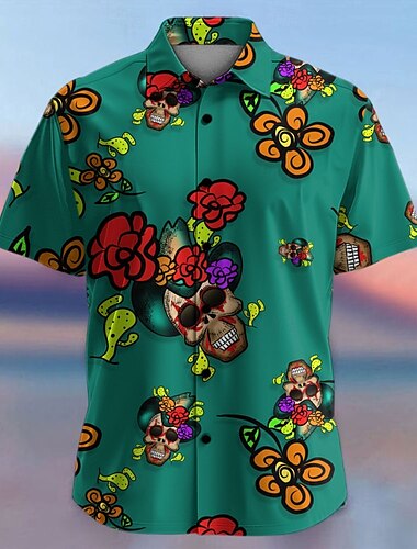  Herren Blumen Totenkopf Motiv Tropische Blumen Hawaiihemd Sommerhemd Knopfhemd Aloha-Shirt Kurzarm Hemd Hemden mit Kragen Hawaiianisch Brautkleider schlicht Urlaub Party-Abendgarderobe Täglich Purpur