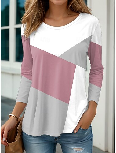  dames t-shirt casual kleur blok print lange mouw normale tops ronde hals dagelijks roze lente herfst