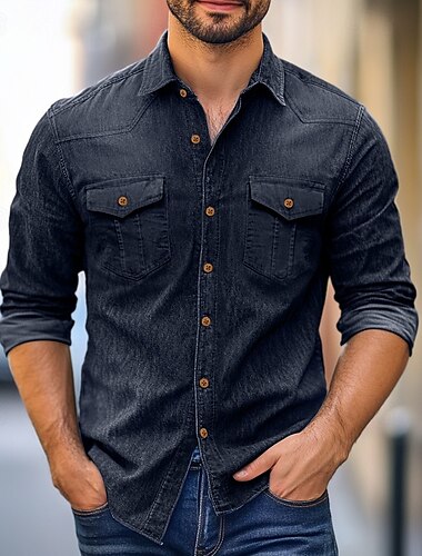  Herren Hemd Chambray-Hemd Calico-Hemd Lässiges Hemd Knopfhemd Jeanshemd Denim Blue Schwarz Marineblau Leicht Blau Langarm Glatt Kragen Urlaub Täglich Bekleidung Baumwolle Modisch Brautkleider schlicht