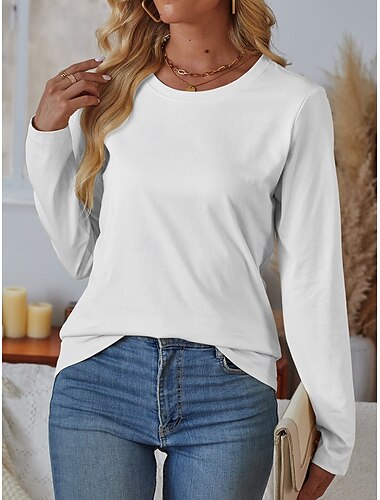  Damen T-Shirt 100% Baumwolle Unifarben Tee Täglich Wochenende Lässig Langarm Schwarz Herbst Winter