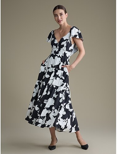  robe fleurie à col en V et taille élastique en mélange de tencel