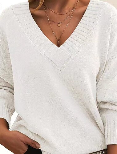  Per donna Felpa Maglione casual Di tendenza Streetwear Moda Tinta unica A V A V Manica lunga Top regolari Maglia Ufficio Nero Bianco Autunno Inverno