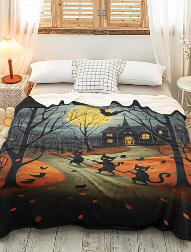  Halloween-Deko-Überwurfdecke mit Katzenmotiv – weicher und gemütlicher Fleece mit gruseligem Katzenmotiv – perfekt als Halloween-Dekoration oder zum Einkuscheln – strapazierfähiger und hochwertiger Stoff