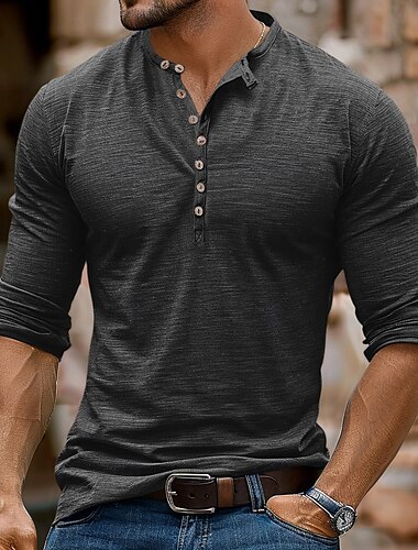  Herren Henley Shirt T-Shirt langarmshirt Langarm Feste Farbe Modisch Täglich Knopf Henley Outdoor Casual Sommer Dunkelbraun Dunkelgrau Dunkelrot Henley T-Shirt