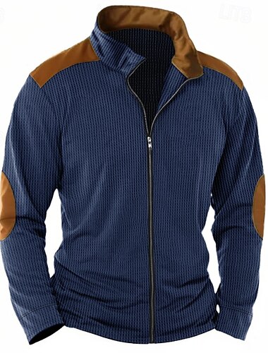  Herren T Shirt Jacke Waffelstrick T-Shirt T-Shirt Langarm Stehkragen Frühling & Herbst Farbblock Mode Designer Basic Reißverschluss Patchwork Urlaub Straße Ausgehen Weiß Blau Khaki Top T-Shirt für