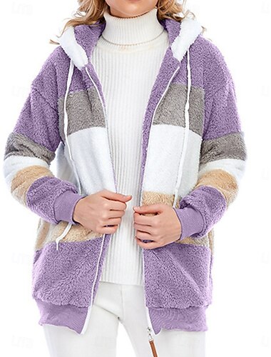  Damen Fleecejacke Teddy-Mantel Hoodie Jacke warm halten Atmungsaktiv Zip Tasche Innenfutter aus Fleece Brautkleider schlicht Streetstyle Farbblock Urlaub Strasse Freizeitskleidung Ausgehen