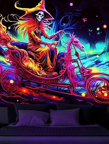  Halloween Blacklight Tapestry Skull Car UV Reactive Glow in the Dark Glow Party Psychedelic Trippy Misty Hanging Tapestry Wall Art Mural for Living Room Bedroom
