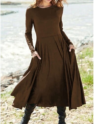  kvinners fritidskjole midikjole lomme date ferie streetwear basic rund hals lange ermer svart rød brun farge