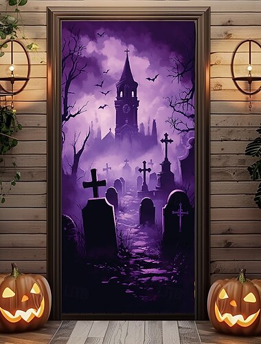  Halloween Türdekorationen Türabdeckungen Lila Friedhof Türwandteppich Vorhangdekoration Hintergrund Türbanner für die Haustür Bauernhaus Feiertagsfeier Innen Außen Dekorationsmaterialien