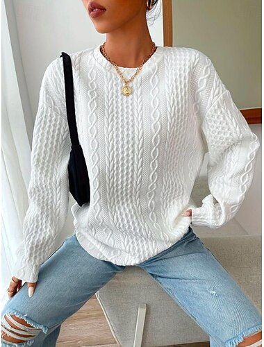  Sudadera de mujer elegante vintage lisa para el trabajo, ropa de uso diario, informal, cuello redondo, patchwork, manga larga, negra, blanca, azul, gris, otoño e invierno