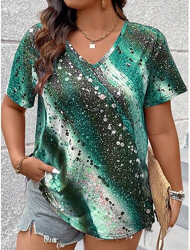  Damen T-Shirt Casual Print Kurzarm Normal Oberteile V-Ausschnitt Alltag Rot Blau Lila Grün Frühling Herbst