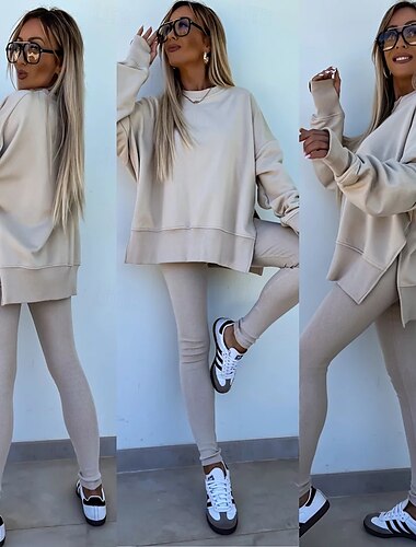  Trainingsanzüge für Damen in reinen Farben, modisch, bequem, für den Alltag im Fitnessstudio, Baumwollmischung, atmungsaktiv, Rundhalsausschnitt, langärmelig, Kapuzenpullover, Hose,
