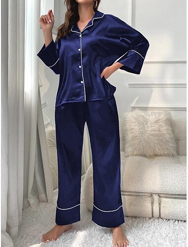  pyjamasset för kvinnor ren färg mode komfort hem daglig säng fusk siden siden andas lapel långärmad skjorta byxknappficka hösten hem outfits
