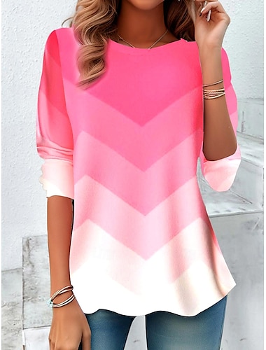  dames t-shirt casual print lange mouw normale tops ronde hals dagelijks roze lente herfst
