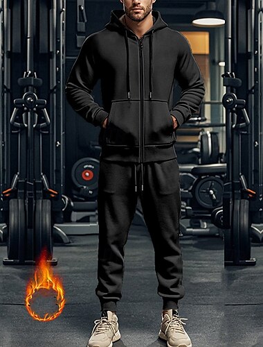  Herren Hoodie Sweatshirt Kapuze Trainingsanzug Kapuzenshirt mit durchgehendem Reißverschluss Jogginganzug Schwarz Marineblau Khaki Grau Mit Kapuze Glatt Tasche Kordelzug 2 teilig Sport & Natur