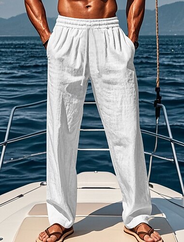  Herren Leinenhosen Hose Sommerhose Strandhose Elastischer Bund Kordelzug Gerader Schnitt Einfach Komfort Atmungsaktiv Lässig Täglich Ferien Urlaub Mode Schwarz Weiß