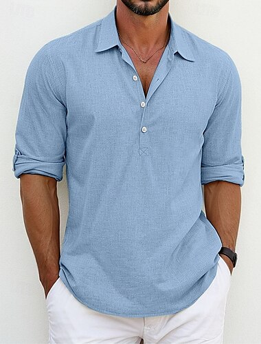  Men's Shirt Linen Shirt Summer Shirt Beach Wear Button Up Shirt Plain Vacation Casual Black White Blue Green Long Sleeve Lapel Spring & Summer Clothing Apparel
