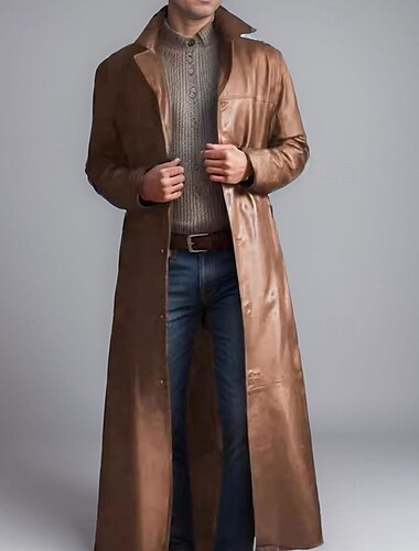  Herren Kunstlederjacke übergangsjacke Trenchcoat Langer Trenchcoat Urlaub Täglich Herbst Winter PU Leder Thermowarm Winddicht Oberbekleidung Bekleidung Mode Klassisch Einfach Tasche Revers Einreihig