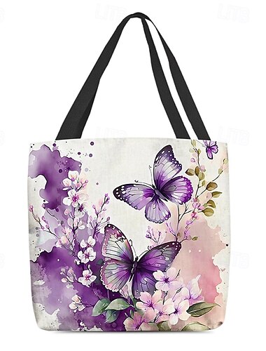  Tragetasche aus Canvas mit Schmetterlings-Print und Blumenmuster für Damen, umweltfreundlicher, wiederverwendbarer Shopper für den täglichen Gebrauch