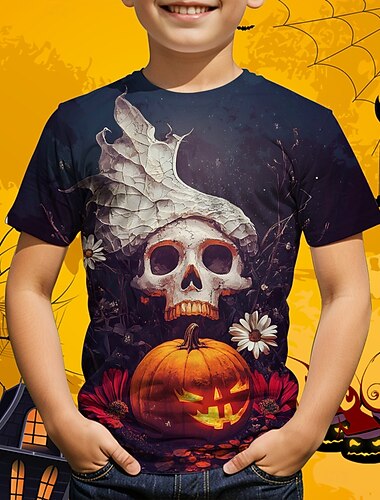  ハロウィーン 男の子 3D グラフィック スカル カボチャ Tシャツ Ｔシャツ 半袖 夏 春 ファッション ベーシック ポリエステル 子供 4〜12年 クルーネック アウトドア カジュアル 日常 レギュラー