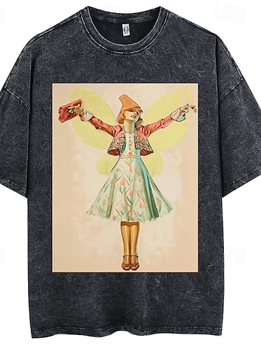  Vintage-Illustration T-Shirt-Ärmel Übergroßes Acid Washed T-Shirt Bedruckt Grafik Für Paar Herren Damen Erwachsene Säurewäsche Casual