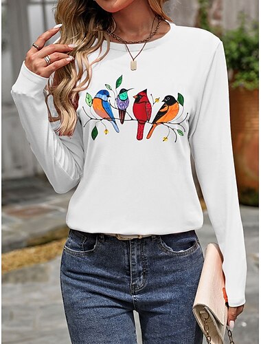  Mujer Camiseta Pájaro Casual Manga Larga Escote Redondo Tops regulares Diario Fin de semana Estampado Blanco Otoño Invierno