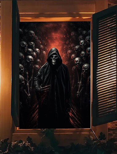  ハロウィーンの窓カバーデコレーション、布製の不気味なハロウィーンカーテン、ホラー映画のポスター、お化け屋敷の窓ドアカバーデコレーション、恐ろしいハロウィーンの窓用ステッカー、屋内屋外用
