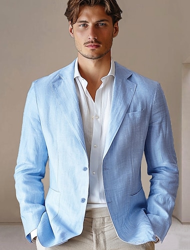  Voor heren Blazerjack Bruiloft Vuosipäivä Feest Zomer Lente 100% linnen Linnen Effen Kleur Enkele knoopsluiting één knoop Blazer blauw